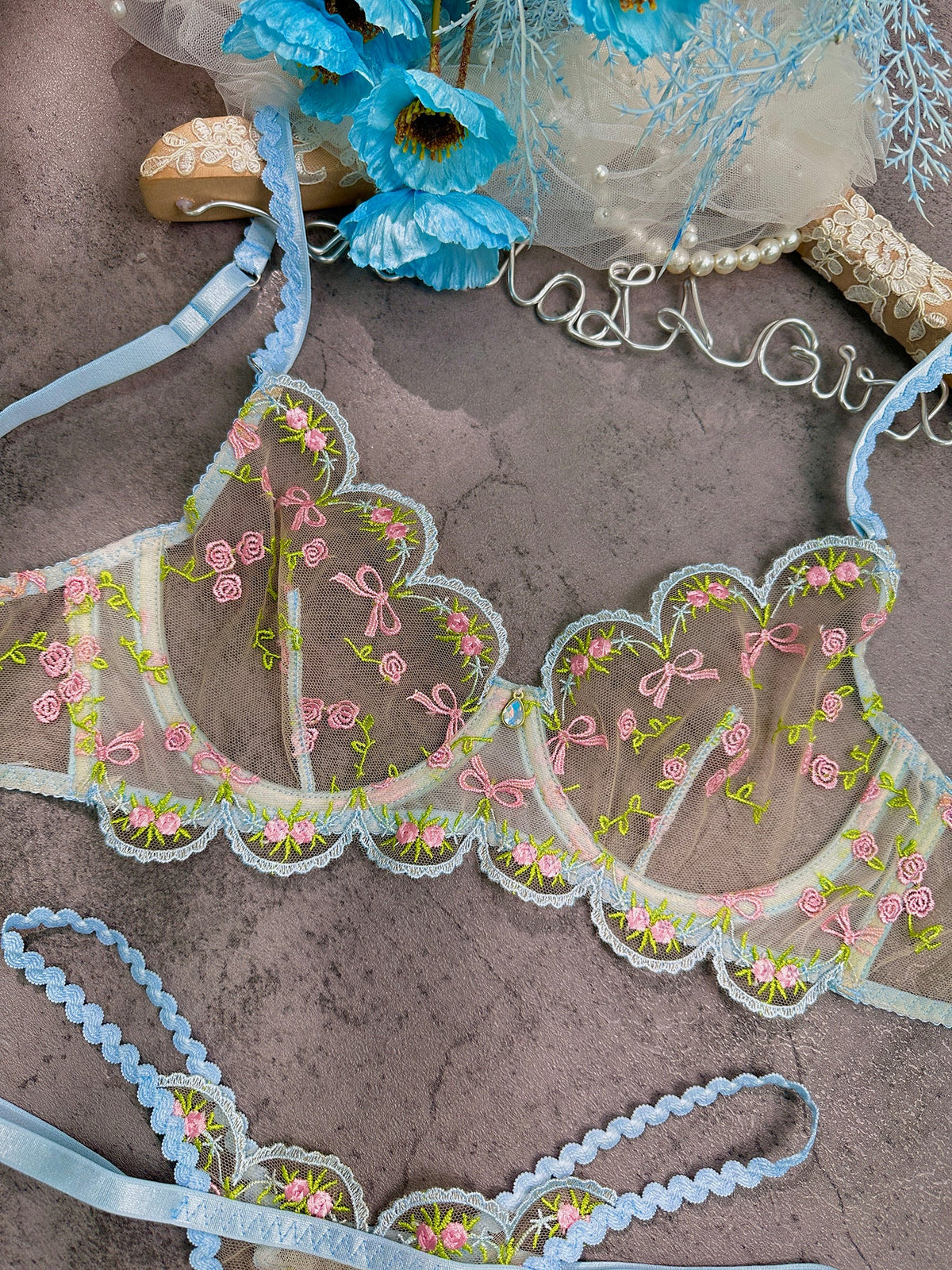 Light Blue Floral Lace Lingerie Set