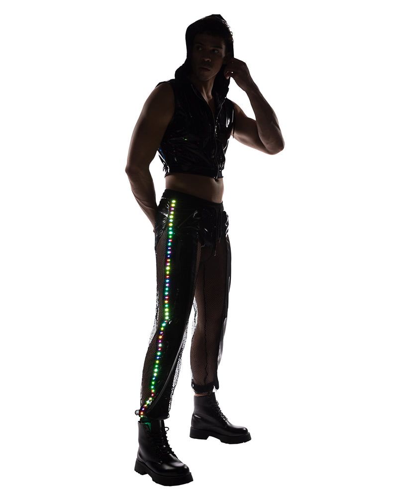 Roma Mens Rave Festival Vinyl with Iridescent Print Cropped Zip-Up Hooded Sleeveless Jacket