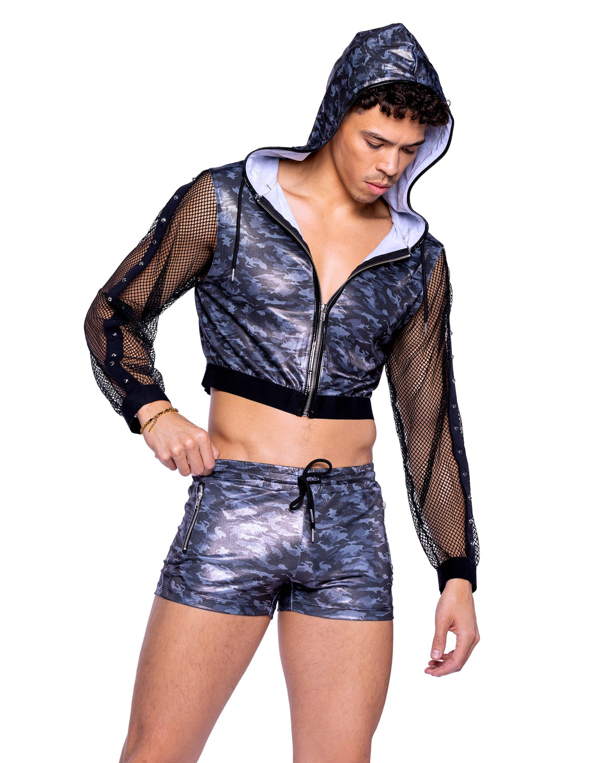 Roma Mens Rave Festival Shimmer Camouflage Cropped Hooded Jacket