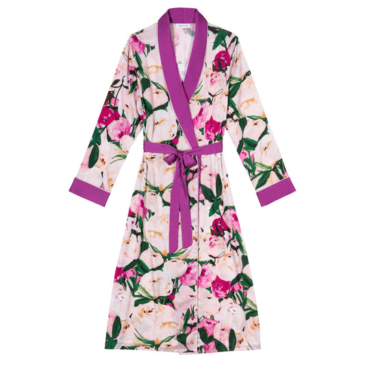 Pink Flower Print Purple Silky Satin Robe With Belt.