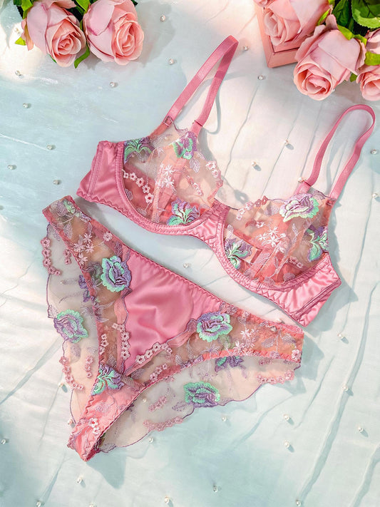 Pink Petals Embroidered Lingerie Set.
