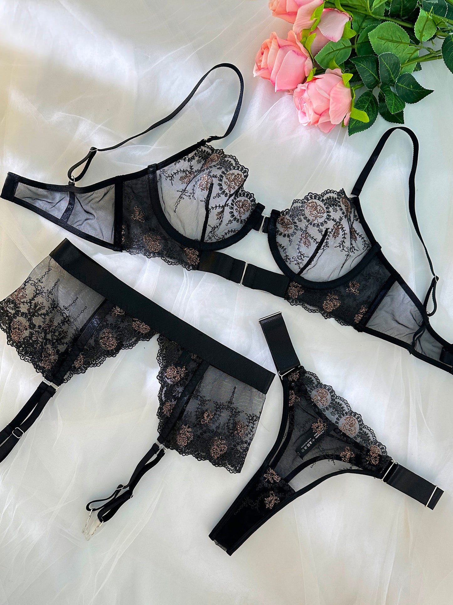 Sheer Black&Champagne Embroidered Lace Lingerie Set.