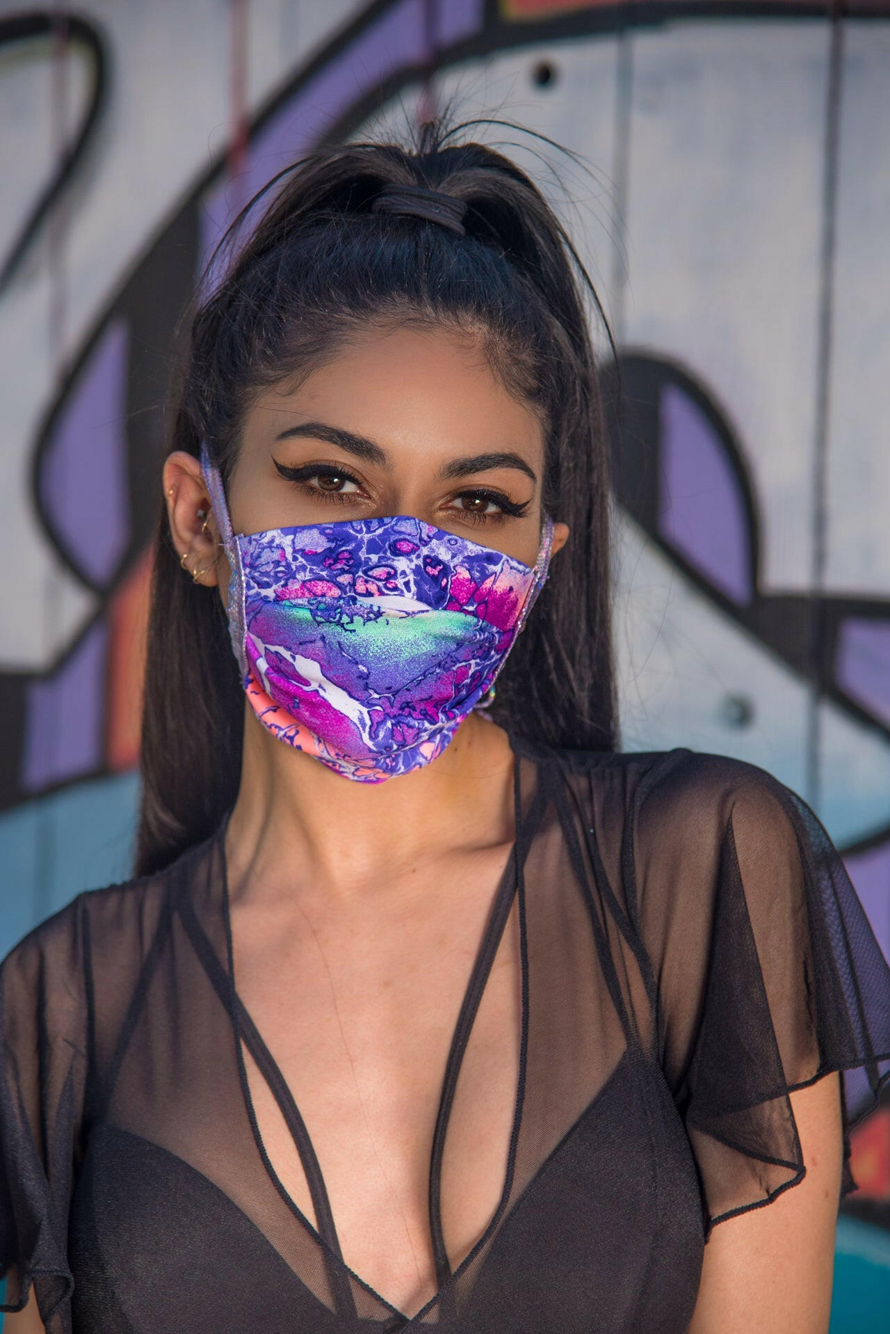 J. Valentine Electric Lavender Spandex Pleated Face Mask- Festival Rave Accessory.