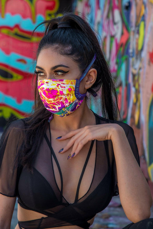 J. Valentine Electric Rainbow Spandex Pleated Face Mask- Festival Rave Accessory.