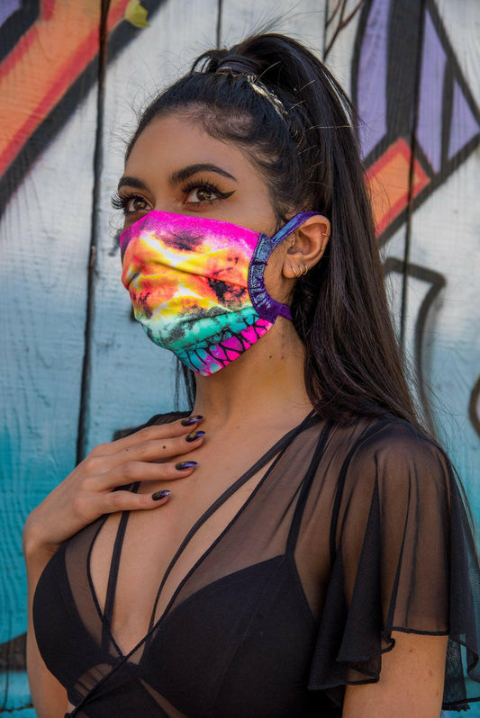 J. Valentine Rainbow Ruin Spandex Pleated Face Mask- Festival Rave Accessory.