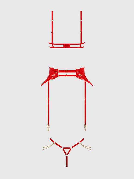 Cecily Lace & Chain Bra, Garter & G-string Set
