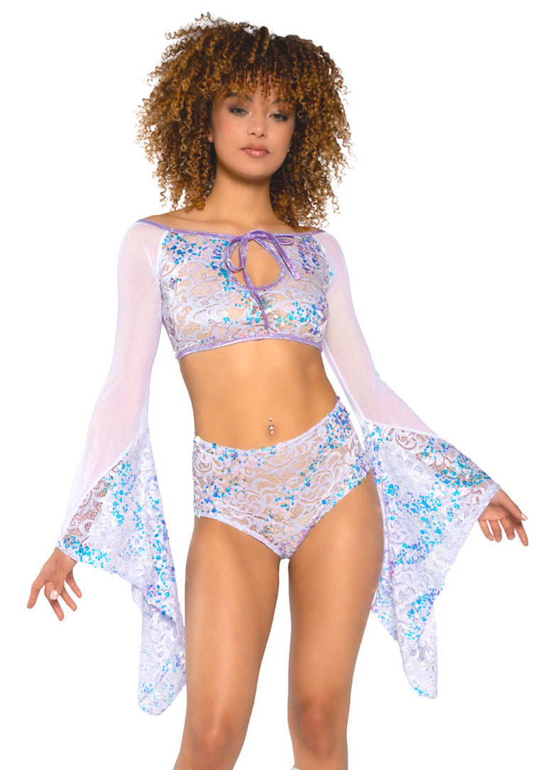 J. Valentine Rave Fishnet/Mesh Sequin Flair Sleeve Top