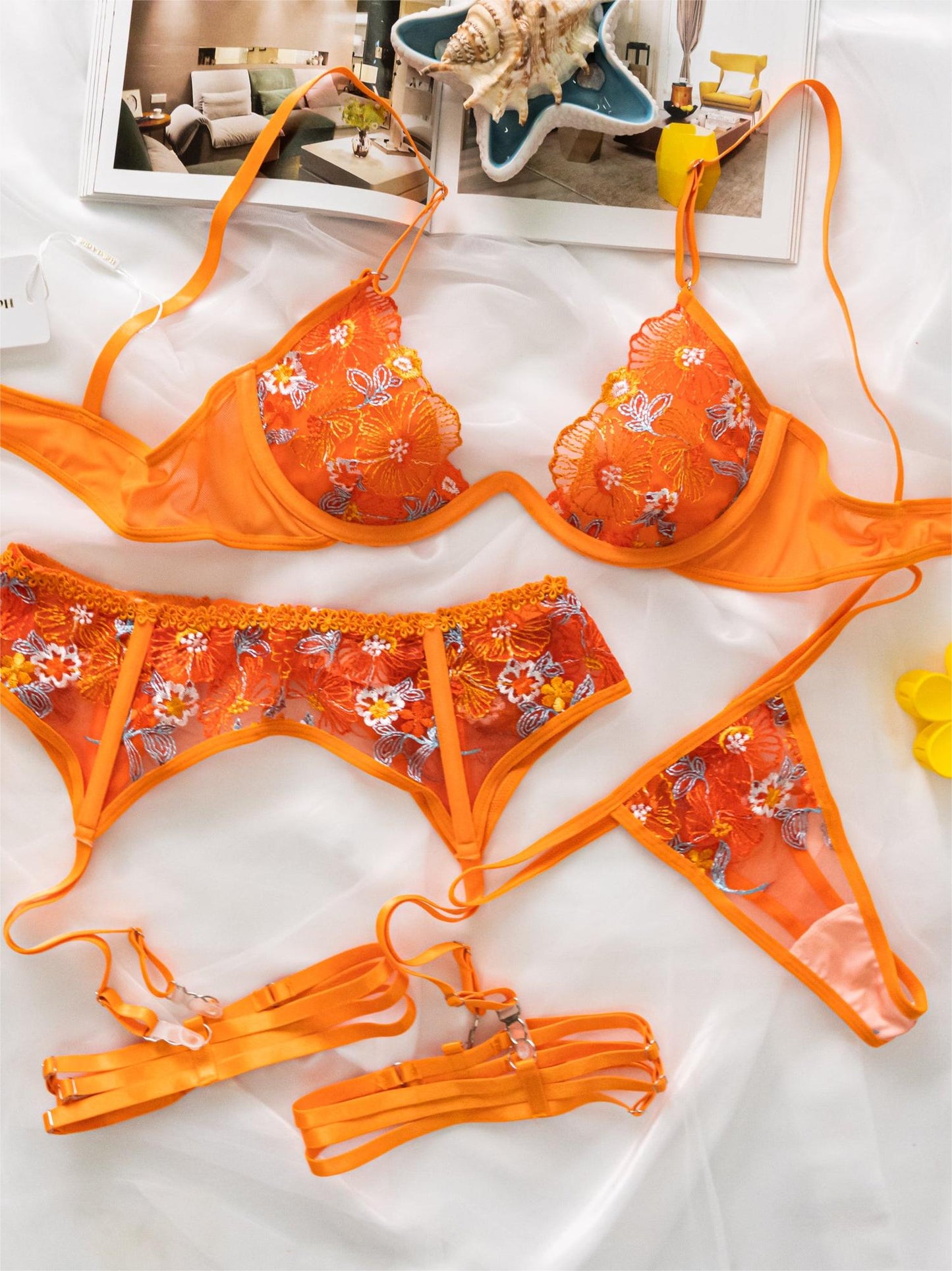 Orange Flowers Embroidered Mesh Sheer Lingerie Set.