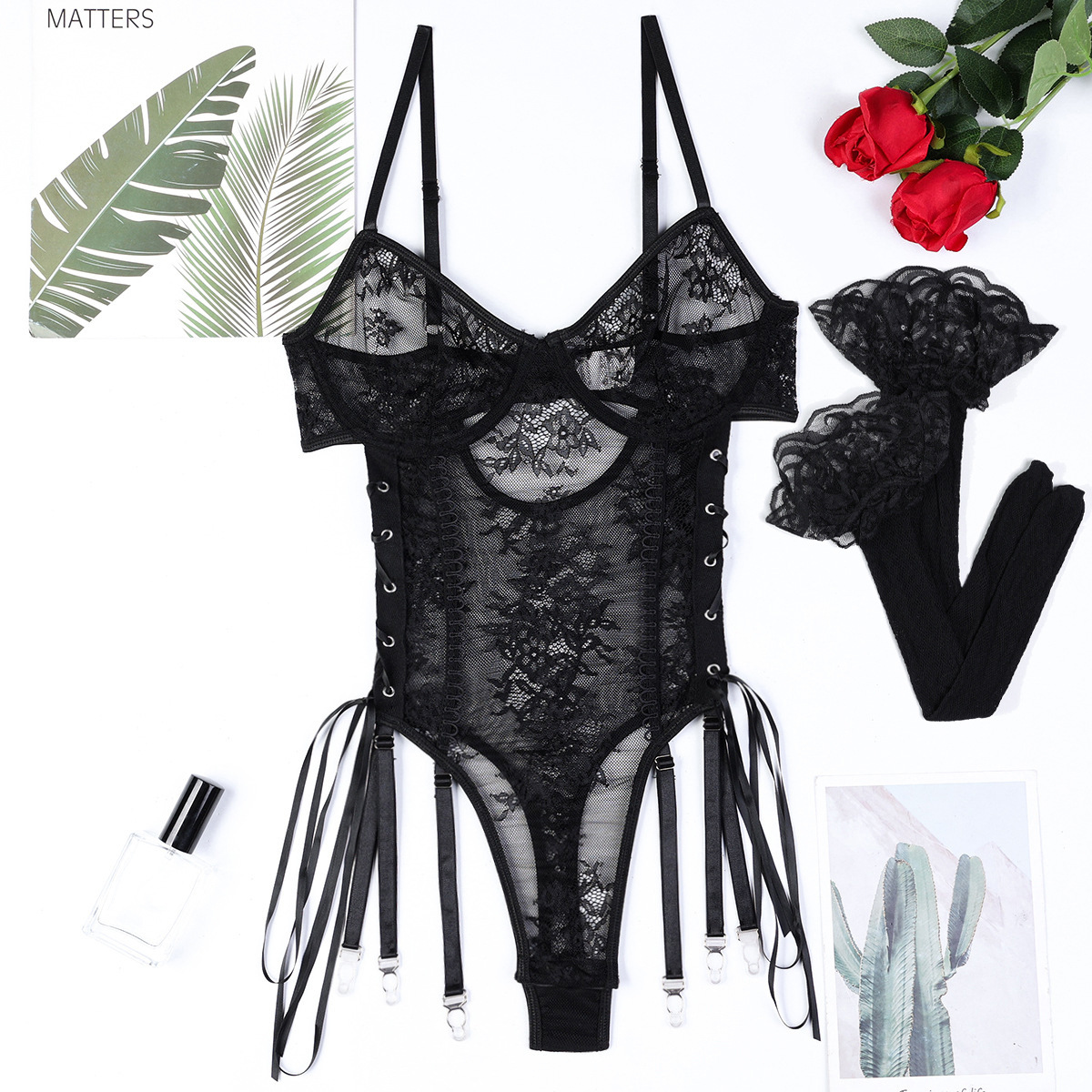 Vienna Lace-Up Sheer Lace 2 Piece Black Bodysuit