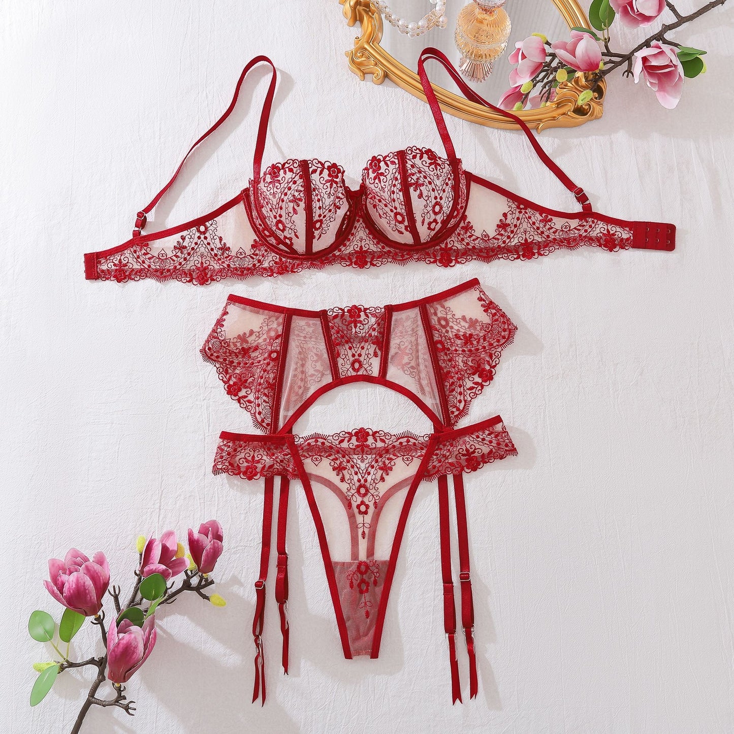 Dusk Petal Lingerie 3 Piece Embroidered Lace Set