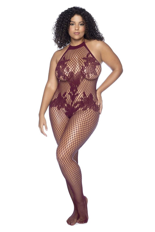 Mapale 1116X Curvy Size Halter And Crotchless Floral Bodystocking Color Cherry.