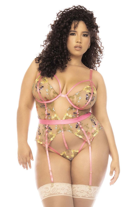 Mapale 8821X Curvy Size Sydney Bodysuit Plus Color Pink Garden.