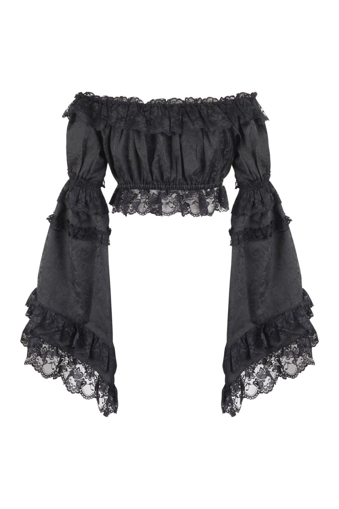 Black Brocade Smocked Flare Sleeve Peasant Top.