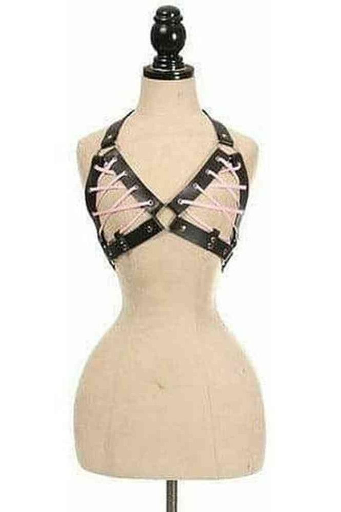 Black Faux Leather Lace-Up Bra Top - Lt Pink