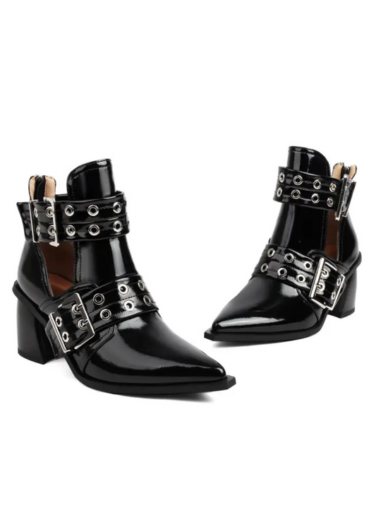 Rebel Heart Black Buckle Pointed Toe Ankle Boots