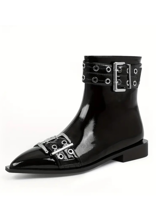 Rockstar Black Buckle Pointed Toe Ankle Boots