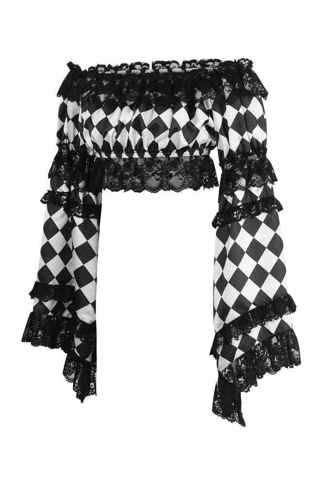 Black/White Diamond Print Satin & Lace Peasant Top