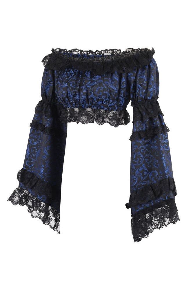 Blue/Black Brocade Smocked Flare Sleeve Peasant Top