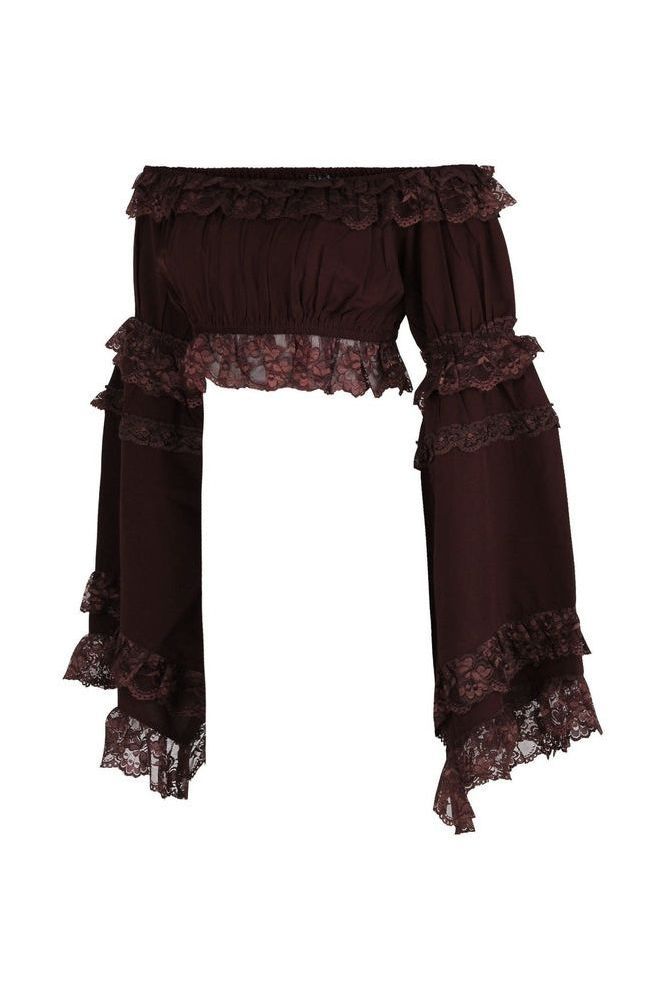 Brown Smocked Flare Sleeve Peasant Top