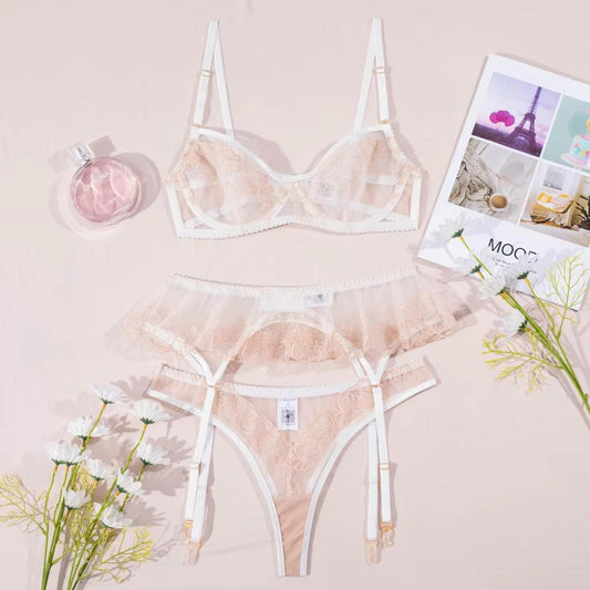 Champagne Petal Sheer Lace 3 Piece Lingerie Set - Unspoken Fashion