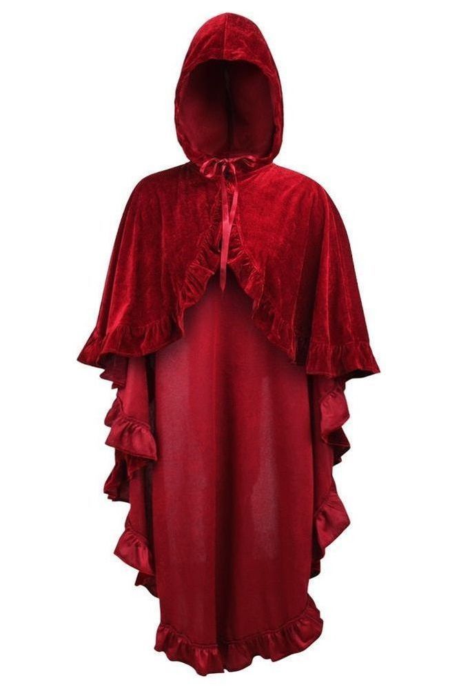 Dark Red Velvet Hooded Ruffle Cape
