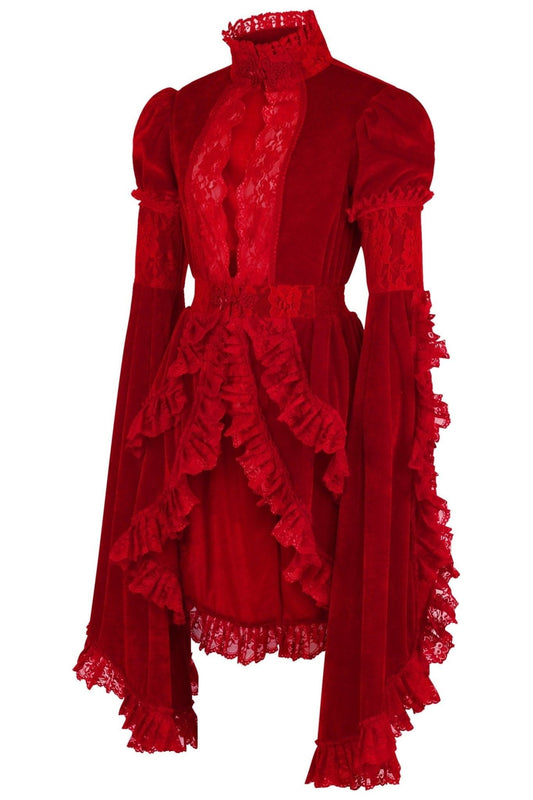 Dark Red Velvet & Lace Ruffled Jacket.