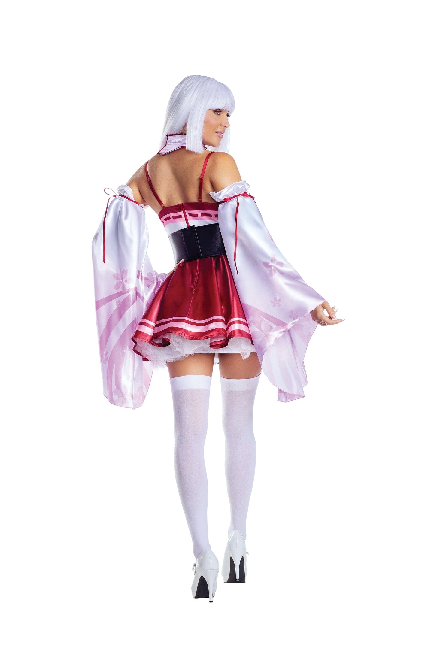 Dreamgirl Sakura Shrine Maiden Satin Circle Skirt Dress with Bow Detail Women’s Costume – Japanese-Inspired Outfit