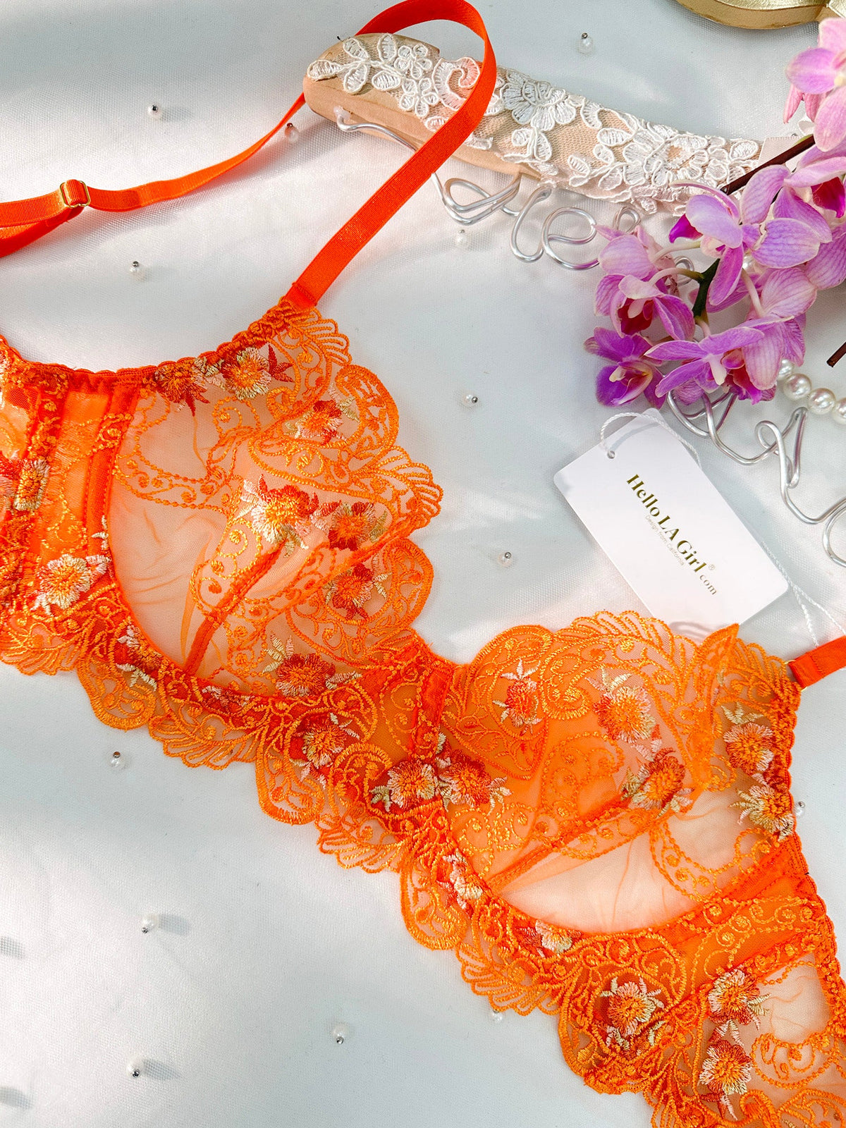 Orange Floral Embroidery Lingerie Set