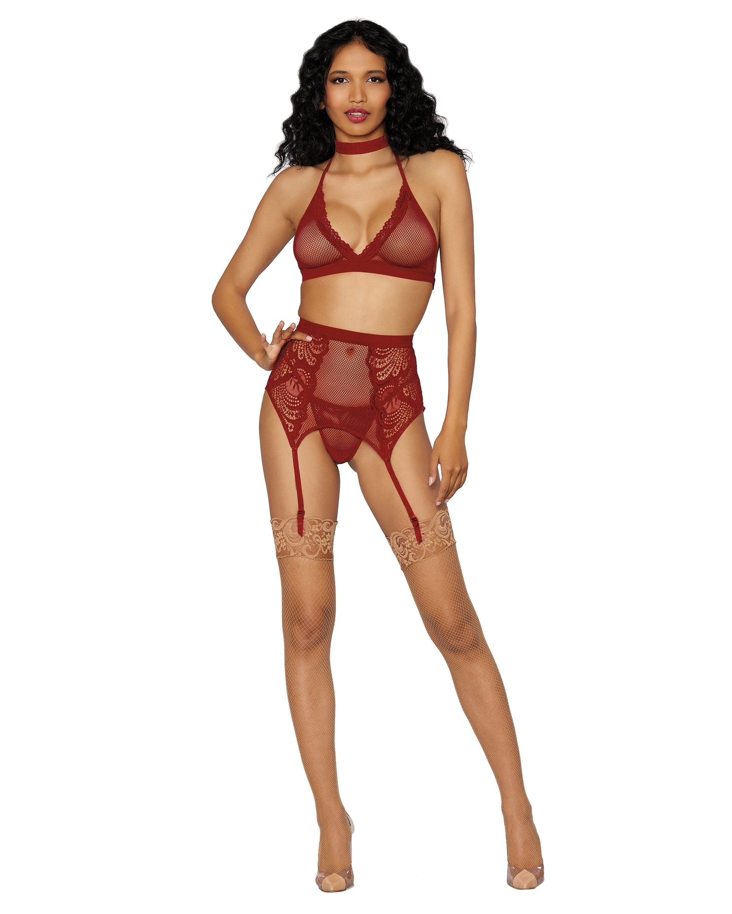 Dreamgirl Fishnet & Lace 4-Piece Halter Bralette & Garter Belt Set with Stretch Velvet Trim Accents
