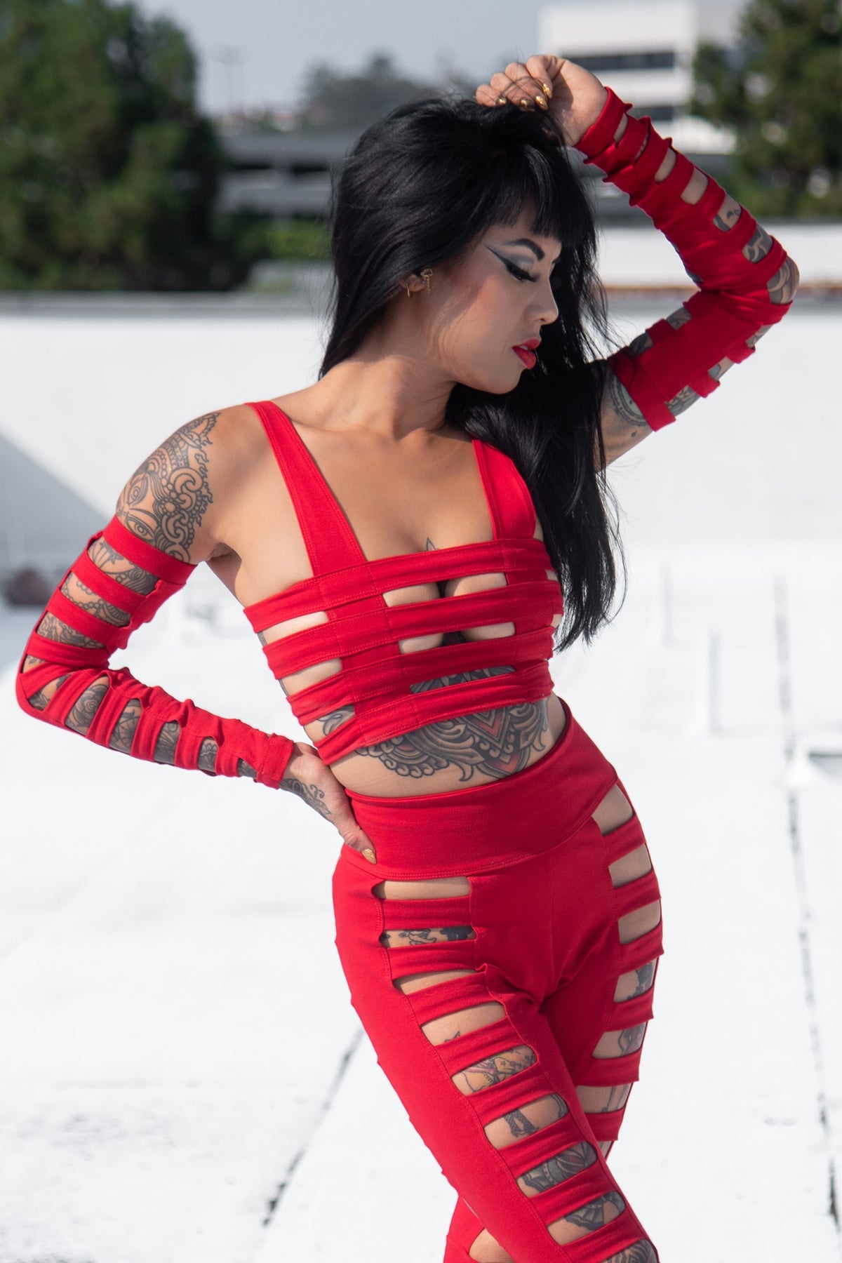 Five and Diamond Cage Bra Top - red cotton