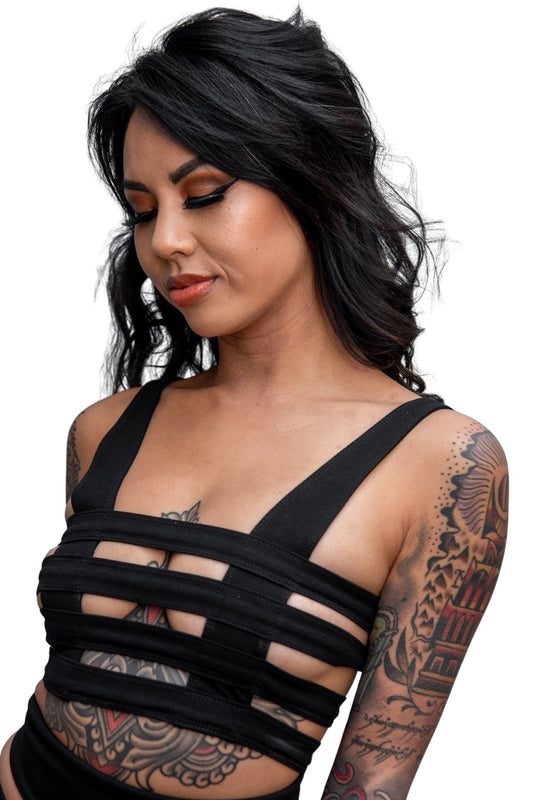 Five and Diamond Cage Bra - black cotton