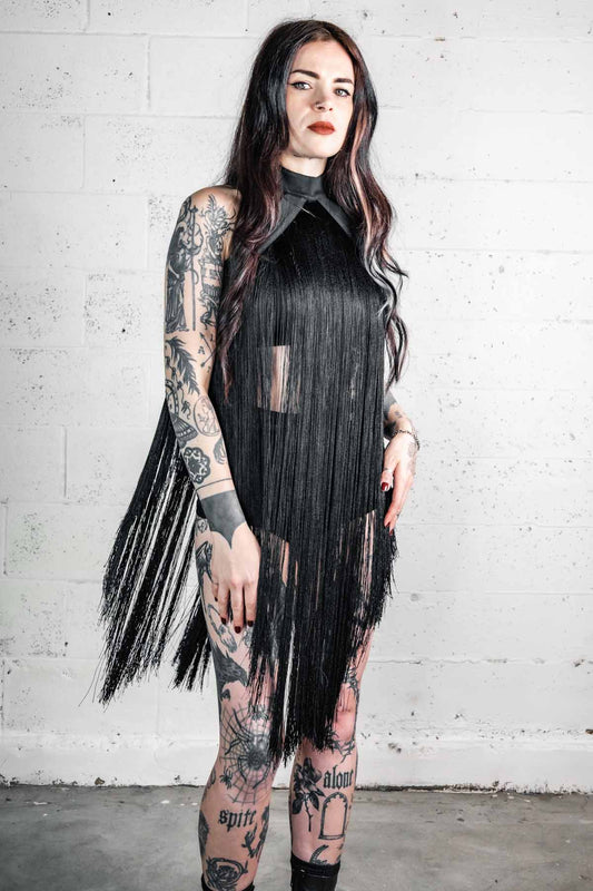 Five and Diamond Fringe Halter Top Dress - black cotton