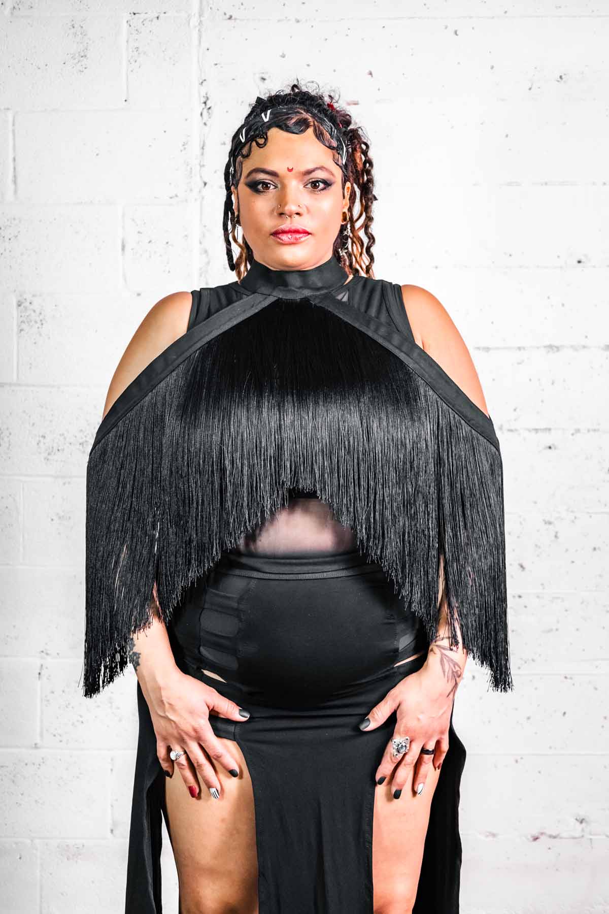 Five and Diamond Fringe Halter Top - black cotton