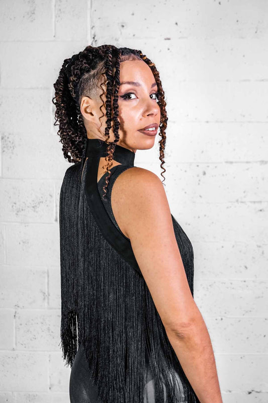 Five and Diamond Fringe Halter Top - black cotton