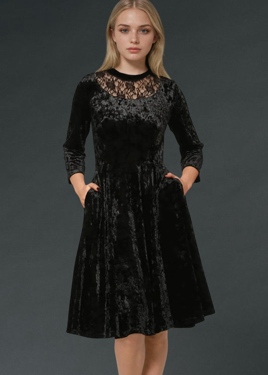 Black Velvet Gothic Dress with Lace Details
