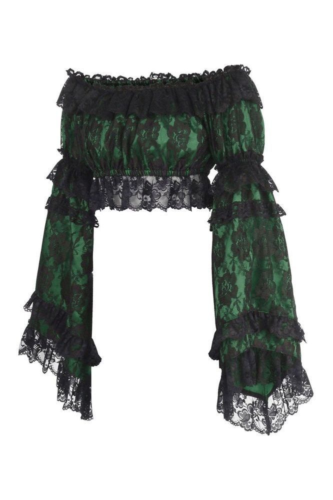 Green/Black Lace Smocked Flare Sleeve Peasant Top