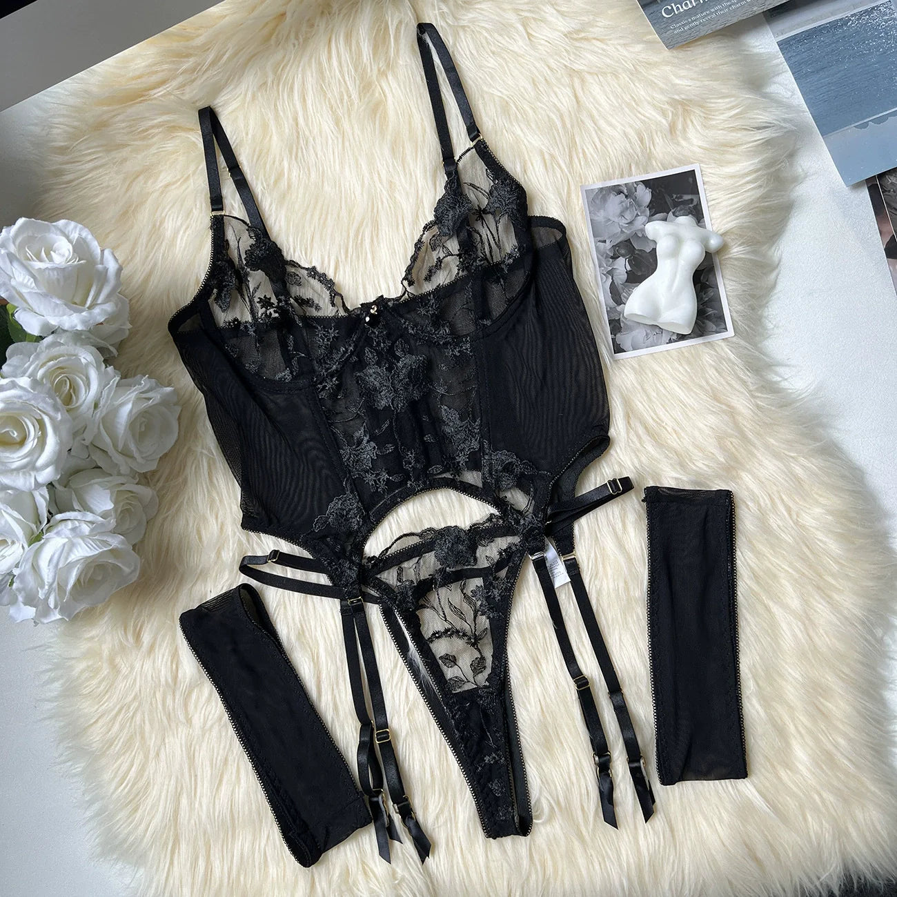 Noir Enchantress Embroidered Lace 3 Piece Bodysuit