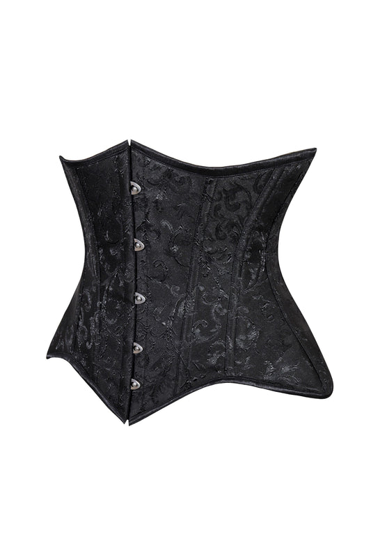 Lavish Black Brocade Waist Cincher Under Bust Corset w/Front Busk Closure