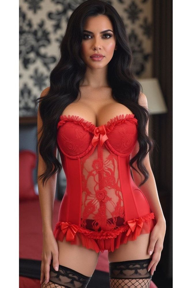 Lavish Red Lycra & Lace Hook & Eye Lace-Up Bustier Corset w/Garters