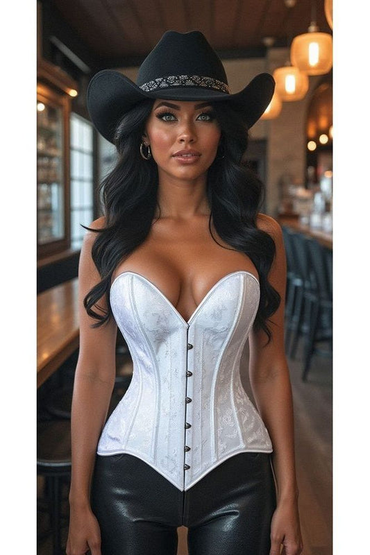 Lavish White Brocade Overbust Corset W/Busk Closure