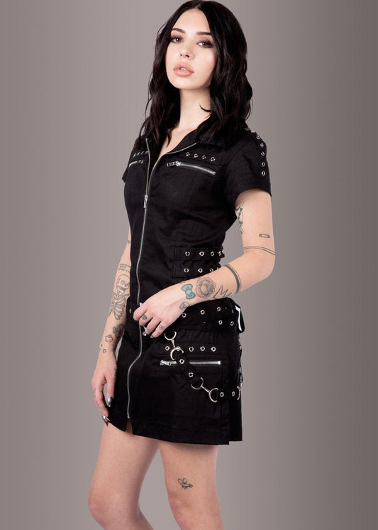 Macabre Heartdrop Goth Mini Dress with Buckles and Lacing - Unspoken Fashion
