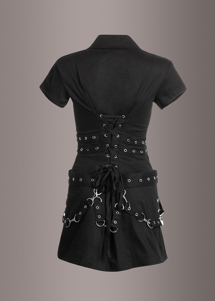 Macabre Heartdrop Goth Mini Dress with Buckles and Lacing - Unspoken Fashion