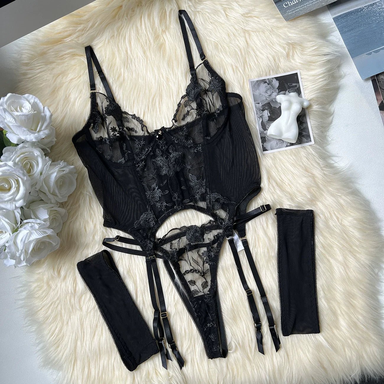 Noir Enchantress Embroidered Lace 3 Piece Bodysuit - Unspoken Fashion