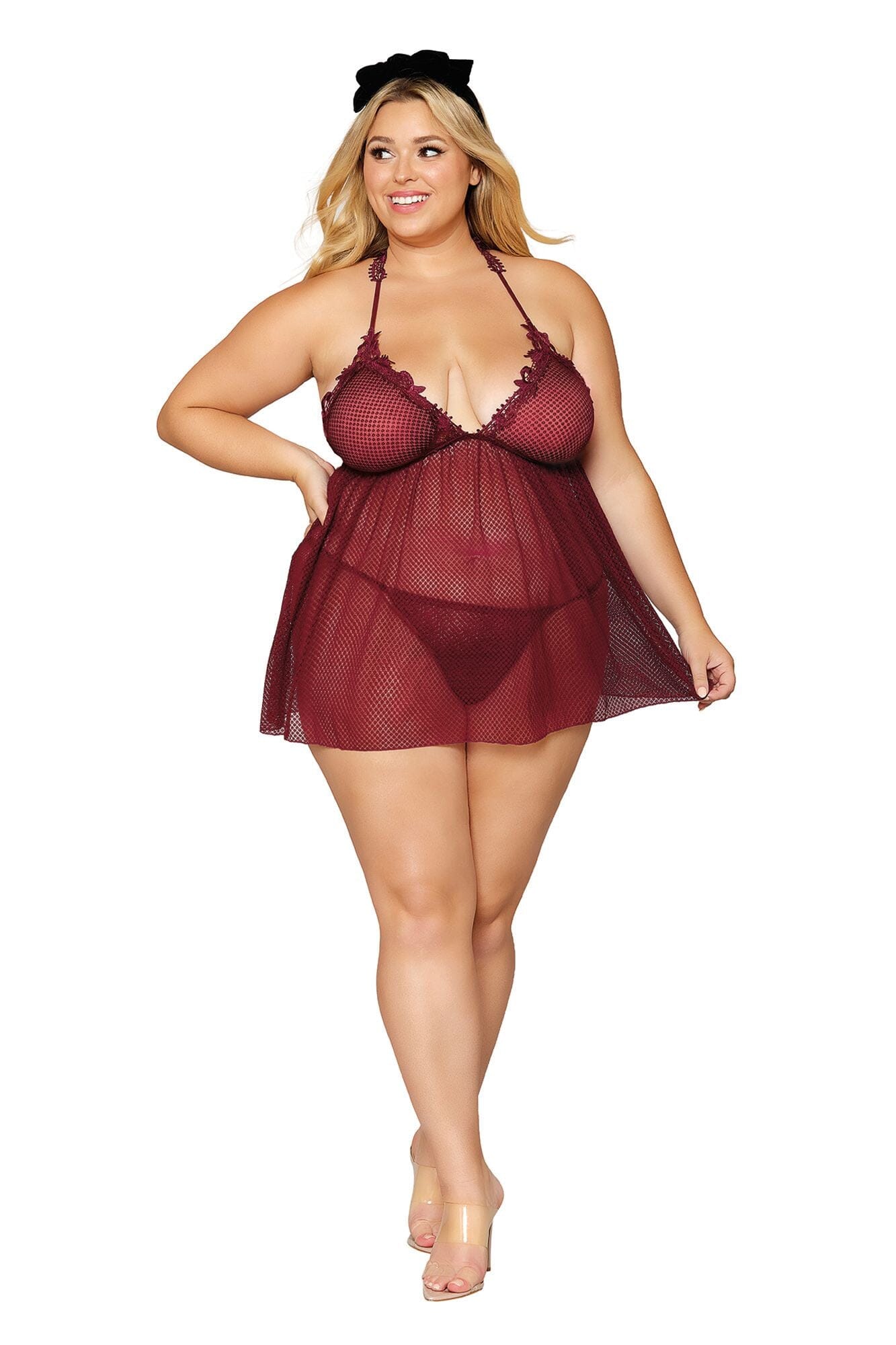 Dreamgirl Novelty stretch mesh and delicate venise embroidery babydoll and matching G-string set