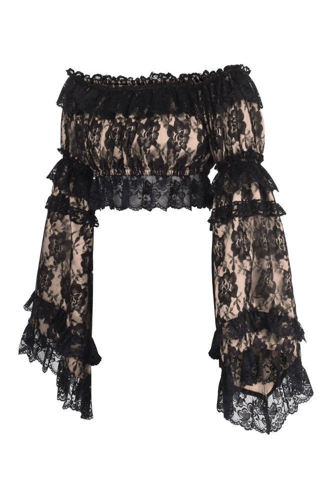 Nude/Black Lace Smocked Flare Sleeve Peasant Top