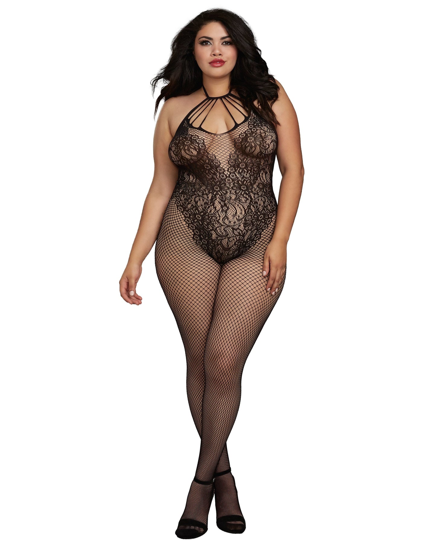 Dreamgirl Plus Size Fishnet Bodystocking with Knitted 'Teddy' Design