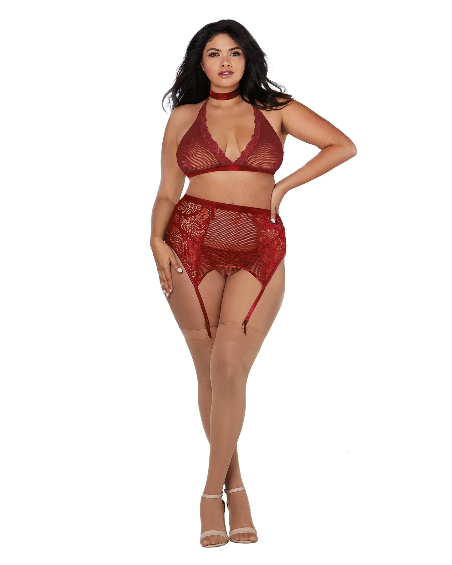Dreamgirl Plus Size Fishnet & Lace 4-Piece Halter Bralette & Garter Belt Set with Stretch Velvet Trim Accents