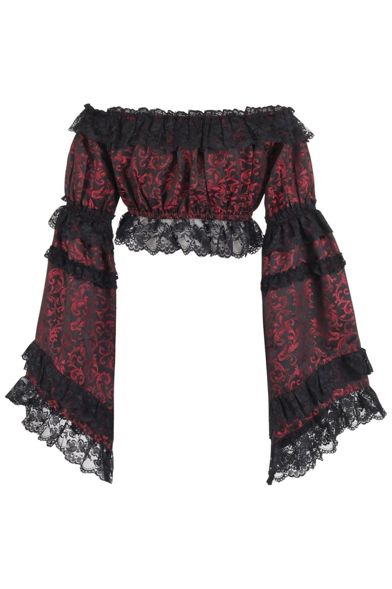 Red/Black Brocade Smocked Flare Sleeve Peasant Top.