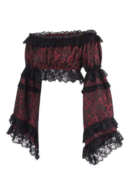 Red/Black Brocade Smocked Flare Sleeve Peasant Top.
