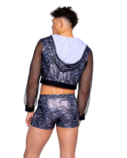 Roma Mens Rave Festival Shimmer Camouflage Cropped Hooded Jacket.